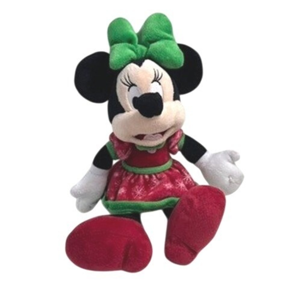 Disney Minnie Mouse Christmas Plush Doll‎ Red Snowflake Dress Green Bow Holiday